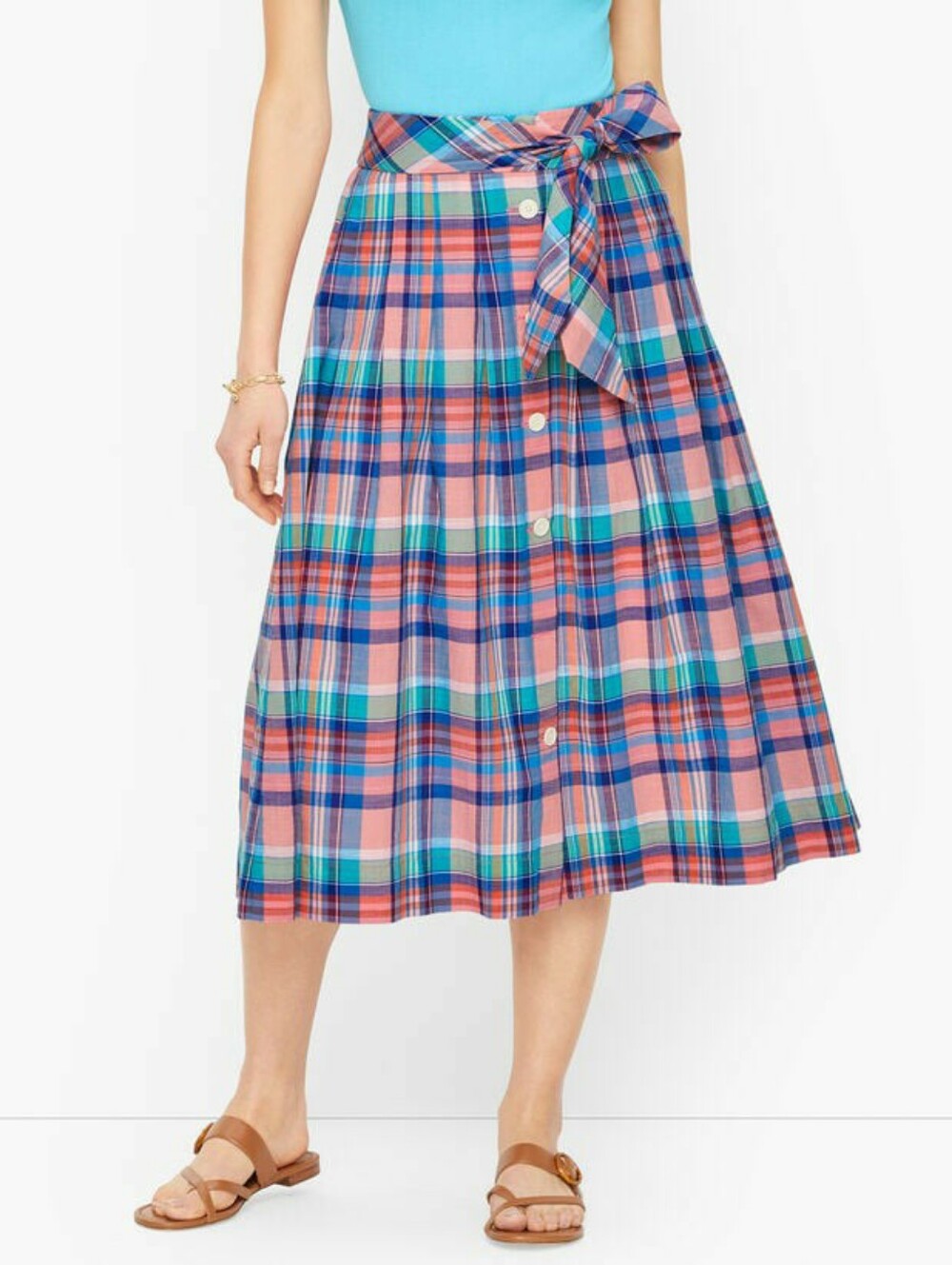 Talbots Magical Madras Plaid Button Front Midi Skirt Pink Blue Cotton